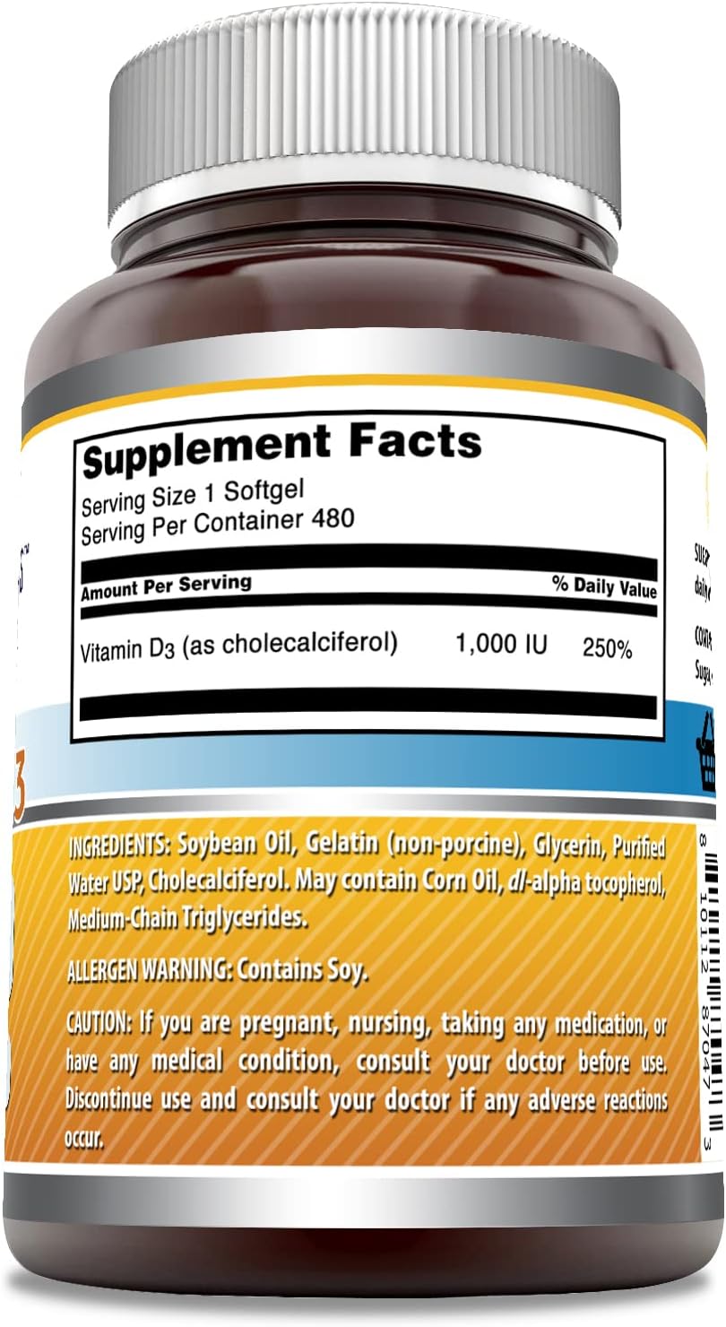 Amazing Nutrition Amazing Formulas Vitamin D3 Supplement | 1000 IU | 480 Softgels | Non-GMO | Gluten Free | Made in USA