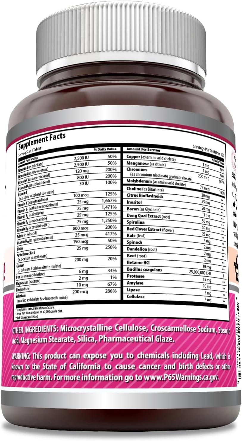 Amazing Nutrition Amazing Formulas Women's Multivitamin Food Based Tablets | Complete Blend of Vitamins, Minerals, 25 Million CFU Probiotics | 150 Count