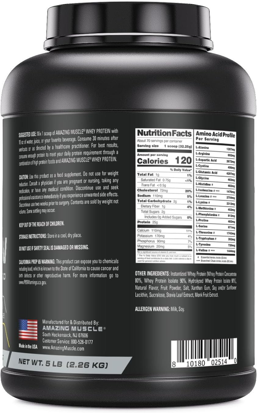 Amazing Nutrition Amazing Muscle Whey Protein Powder - Banana Flavor, 5 lb - Advanced Formula with Whey Protein Isolate and Ultra Filtered Whey Protein Concentrate - 100% Protein Source