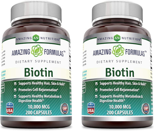 Amazing Nutrition Biotin 10000 mcg Veggie Capsules - Vitamin B7 Supplement - Non-GMO, Gluten Free - Made in USA (200 Count x 2)