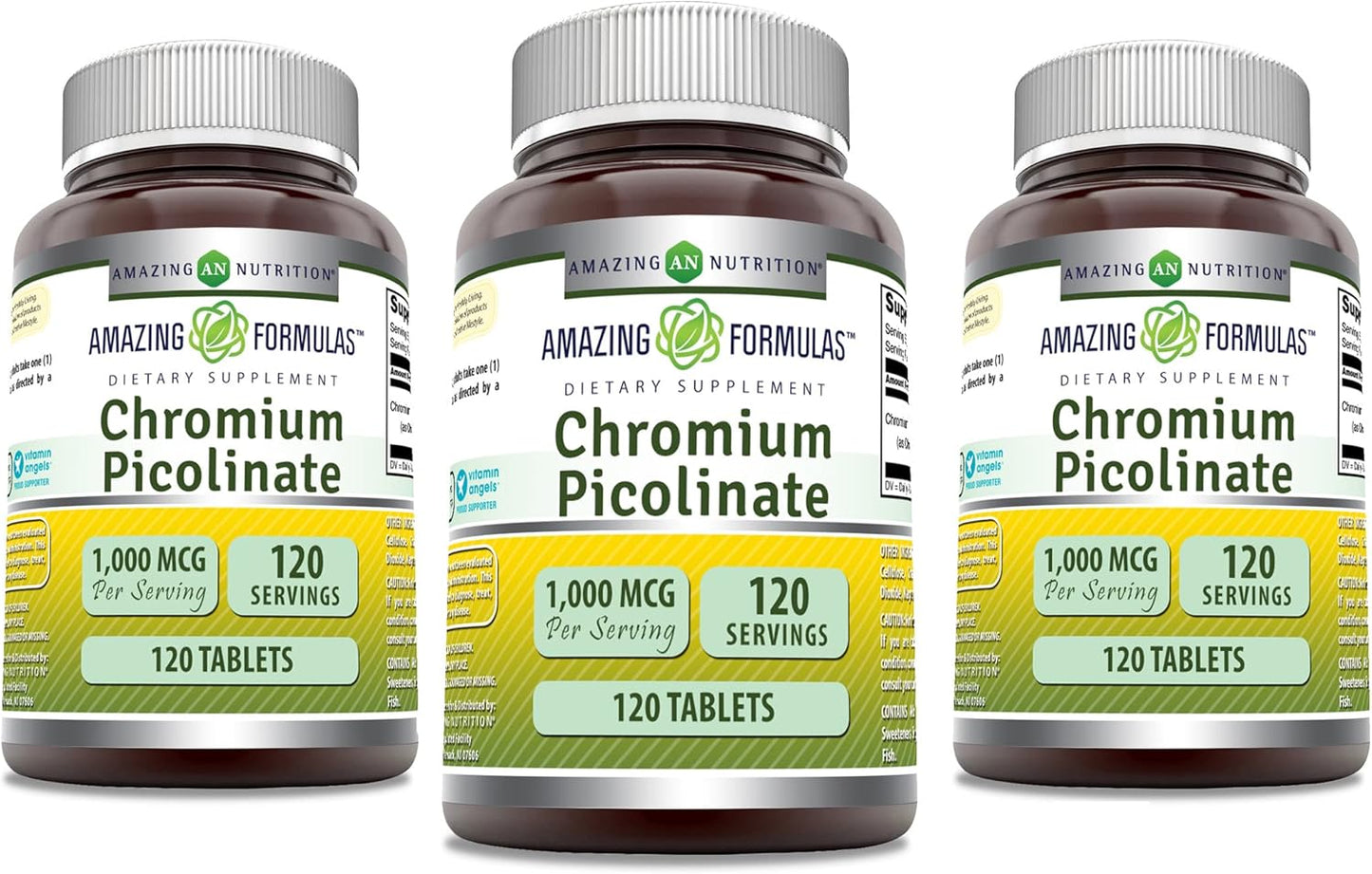 Amazing Nutrition Chromium Picolinate 1000 Mcg Tablets - Non-GMO, Gluten Free, Made in USA - 3 Pack, 120 Count