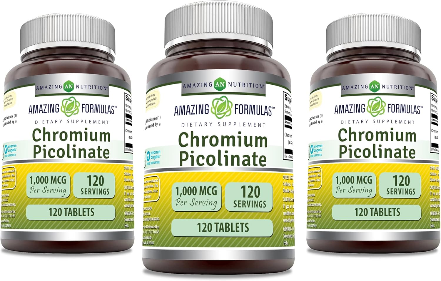 Amazing Nutrition Chromium Picolinate 1000 Mcg Tablets - Non-GMO, Gluten Free, Made in USA - 3 Pack, 120 Count