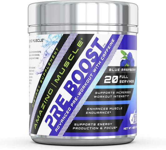 Amazing Nutrition Muscle Pre Boost Formula: Caffeine Supplement, 20 Servings, Blue Raspberry Flavor