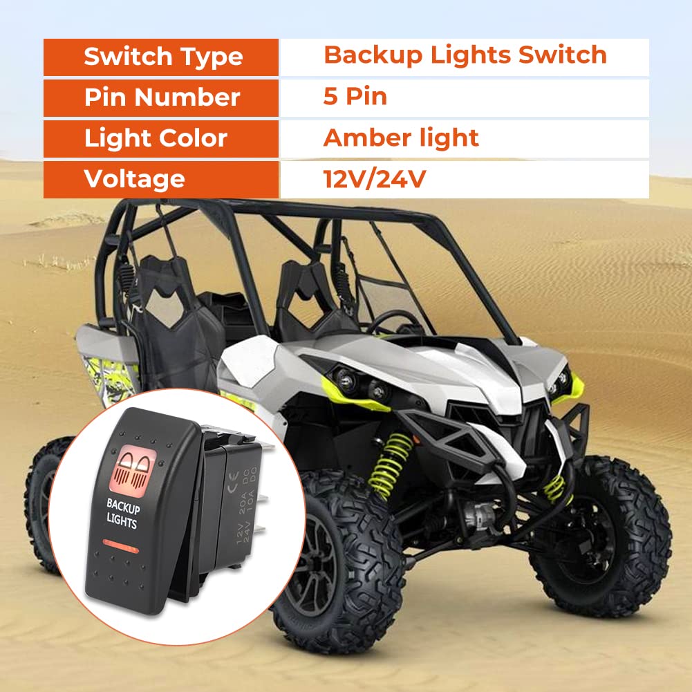 Amber LED Backup Light Switch for Can-Am Commander Defender Maverick - 5 Pin Rocker Switch, 20A 12V - 1 Pack