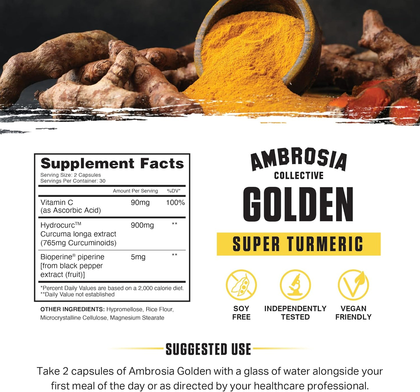 Ambrosia Golden Super Turmeric Capsules - High Curcumin Bioavailability for Gut, Brain & Joint Health - 765mg Curcuminoids - 60 Veg Caps
