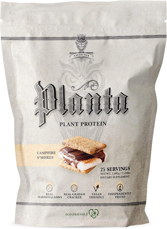 Ambrosia Planta Organic Plant-Based Protein - Vegan, Keto Friendly, Gourmet Flavors, No Bloating, Gluten & Soy Free, No Sugar - 25 Servings, Campfire Smores