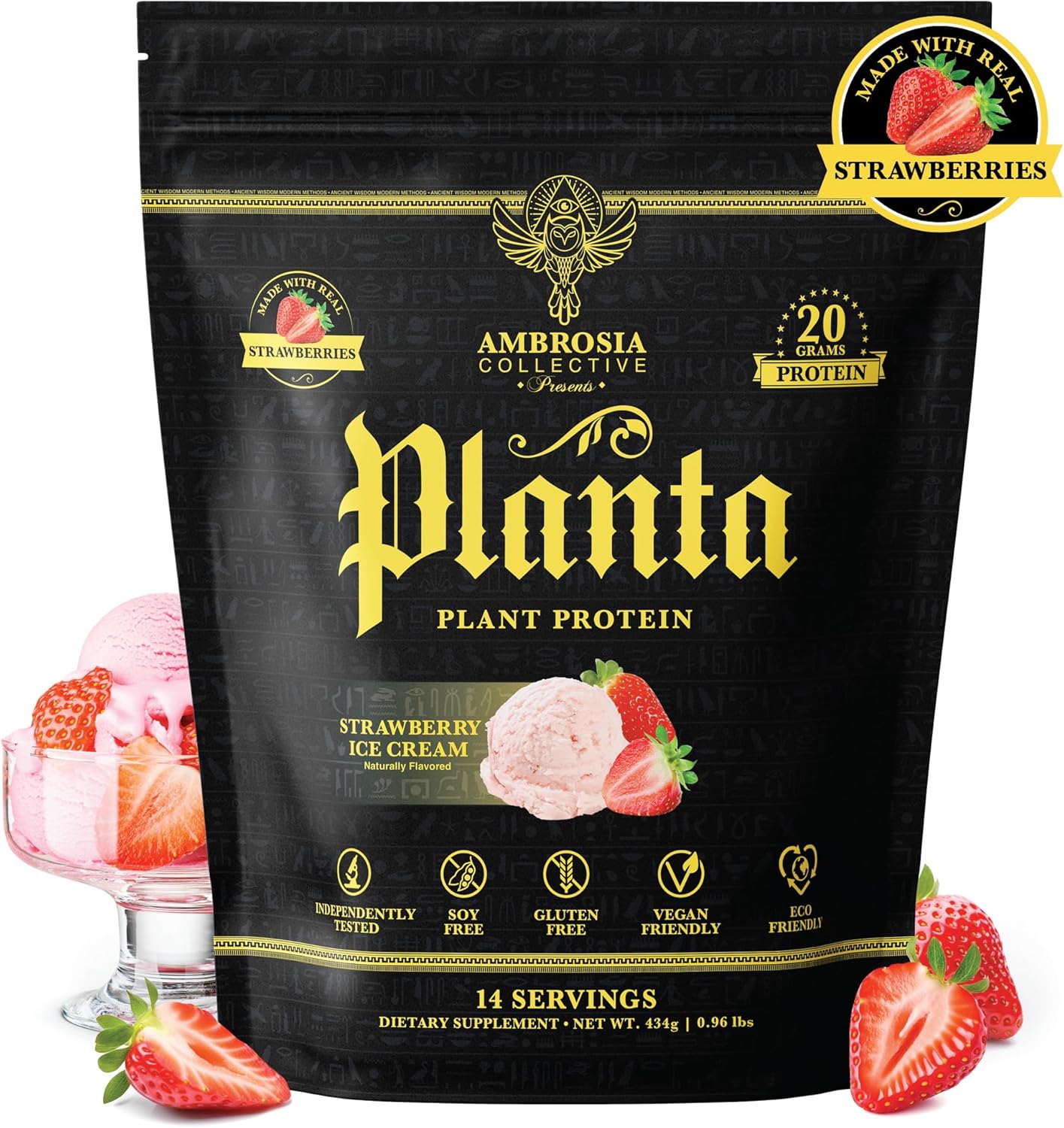 Ambrosia Planta Organic Plant-Based Protein - Vegan & Keto Friendly with Gourmet Strawberry Ice Cream Flavor, No Added Sugar, 14 Servings