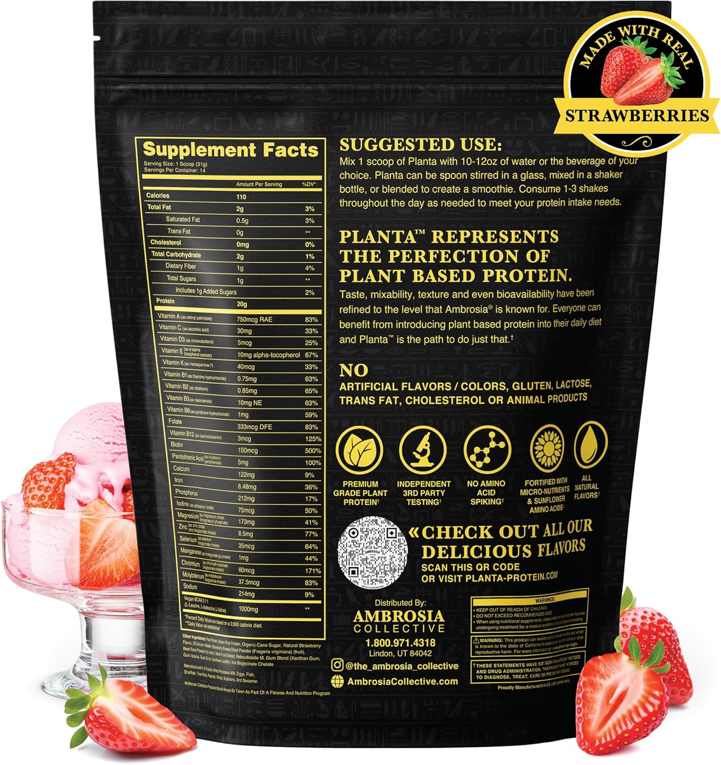 Ambrosia Planta Organic Plant-Based Protein - Vegan & Keto Friendly with Gourmet Strawberry Ice Cream Flavor, No Added Sugar, 14 Servings