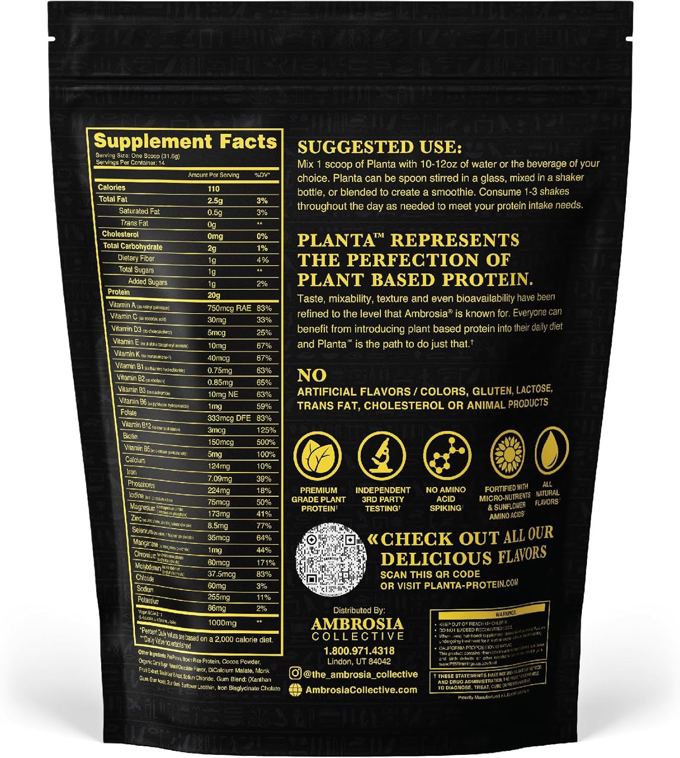 Ambrosia Planta Organic Plant-Based Protein - Vegan & Keto Friendly - Gourmet Melted Chocolate Flavor - No Added Sugar - 14 Servings