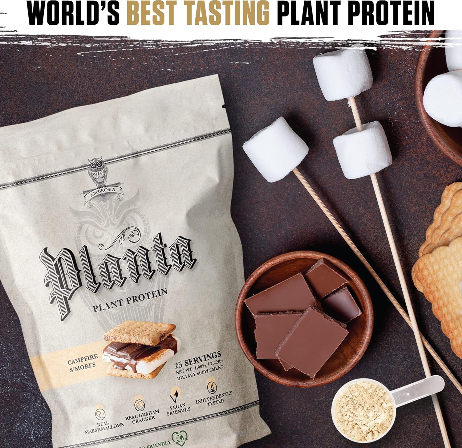 Ambrosia Planta Organic Plant-Based Protein - Vegan, Keto Friendly, Gourmet Flavors, No Bloating, Gluten & Soy Free, No Sugar - 25 Servings, Campfire Smores