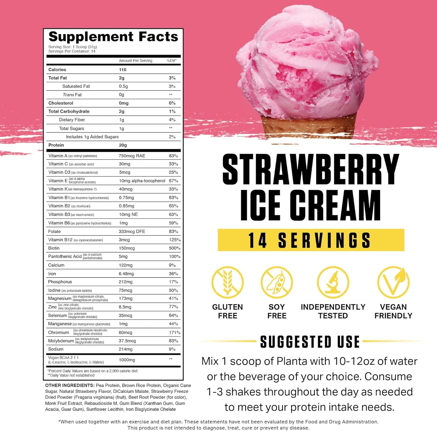 Ambrosia Planta Organic Plant-Based Protein - Vegan & Keto Friendly with Gourmet Strawberry Ice Cream Flavor, No Added Sugar, 14 Servings