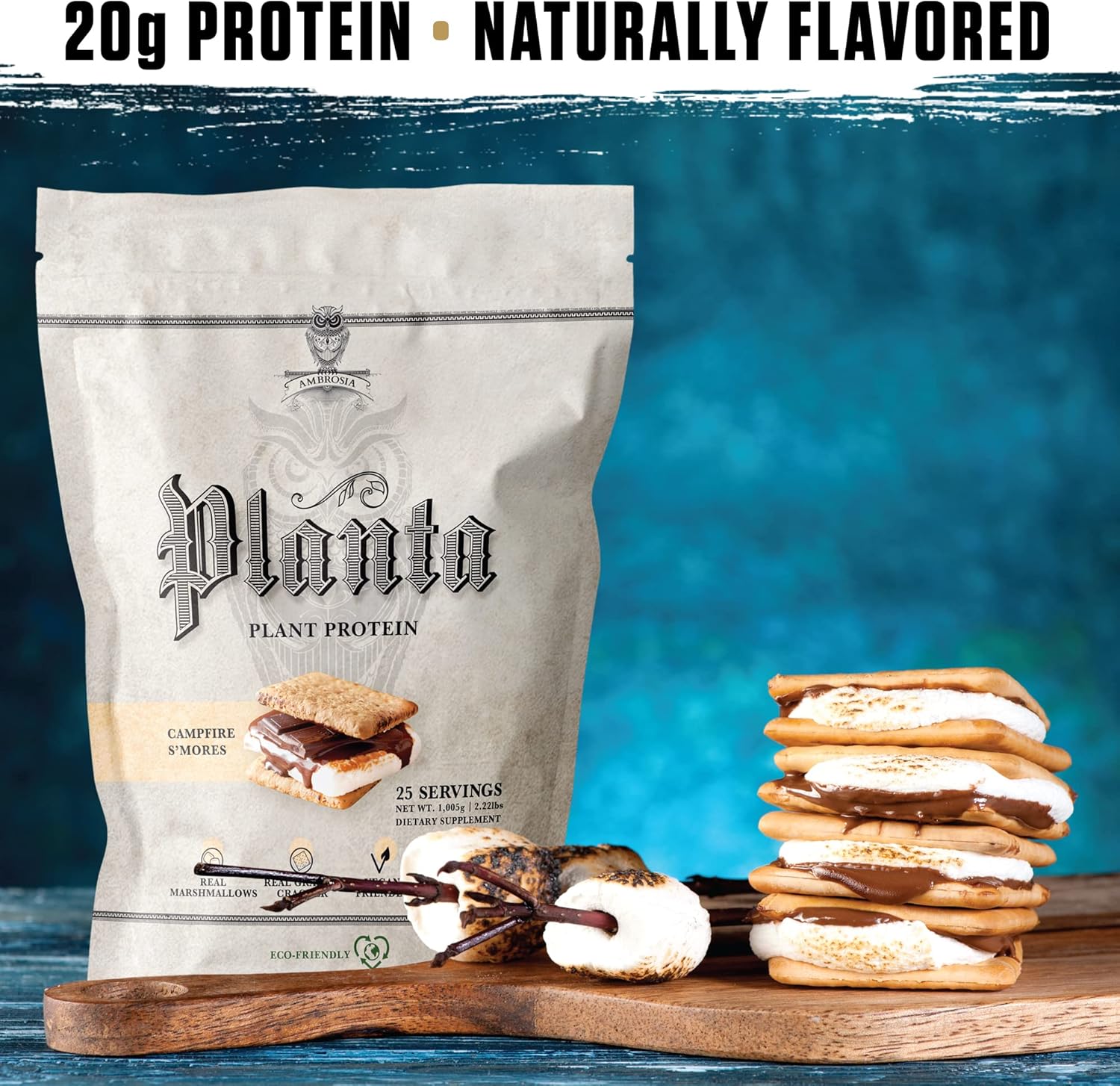 Ambrosia Planta Organic Plant-Based Protein - Vegan, Keto Friendly, Gourmet Flavors, No Bloating, Gluten & Soy Free, No Sugar - 25 Servings, Campfire Smores