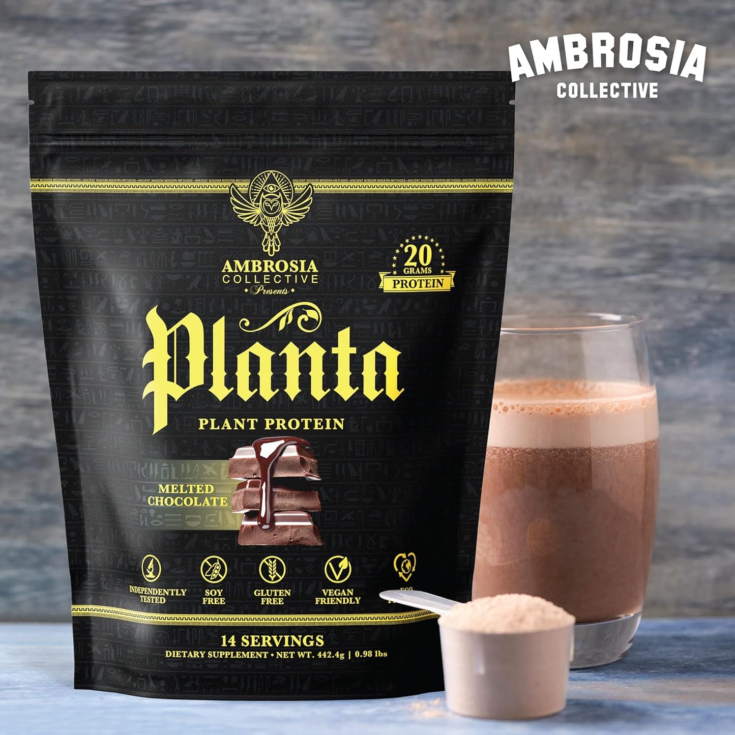 Ambrosia Planta Organic Plant-Based Protein - Vegan & Keto Friendly - Gourmet Melted Chocolate Flavor - No Added Sugar - 14 Servings