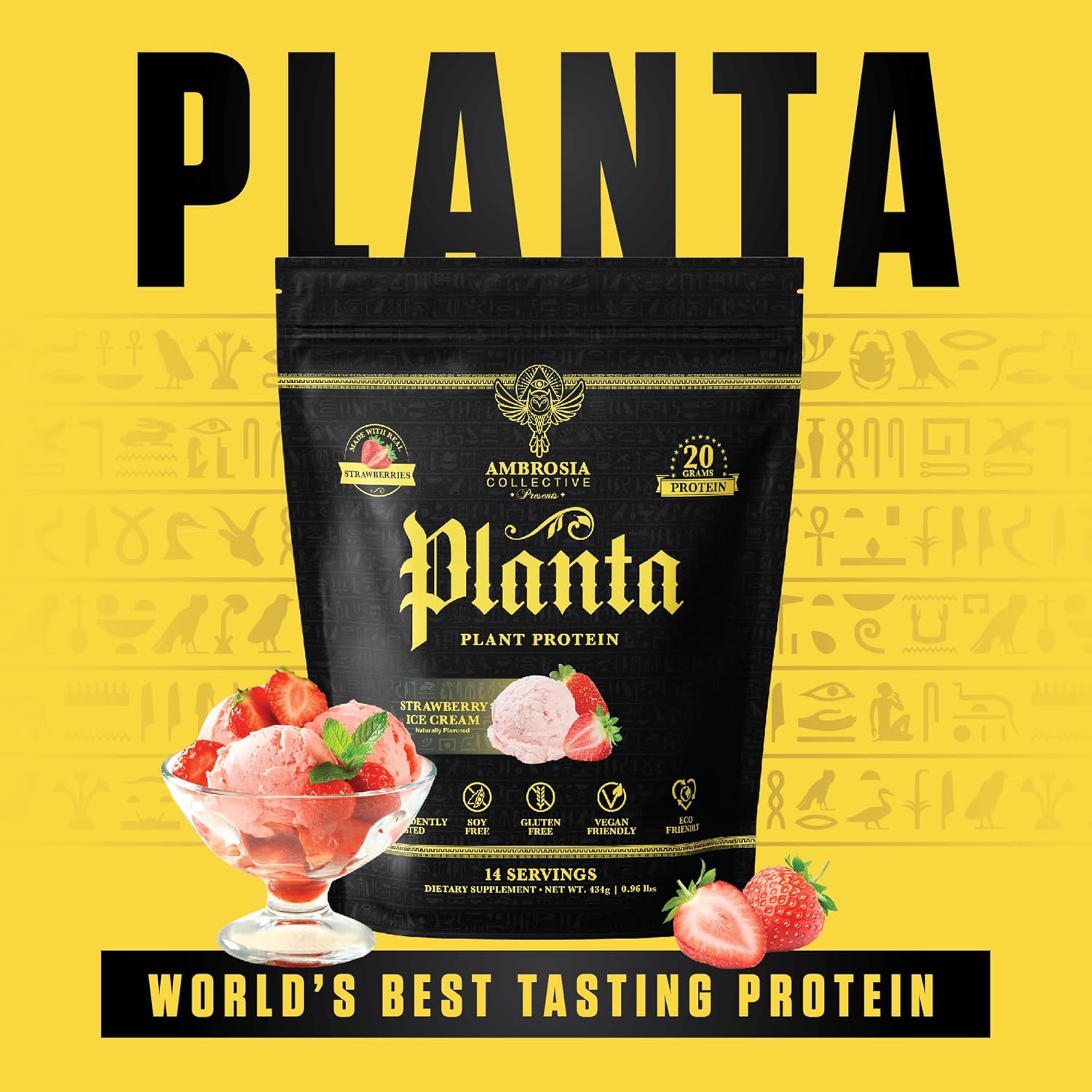 Ambrosia Planta Organic Plant-Based Protein - Vegan & Keto Friendly with Gourmet Strawberry Ice Cream Flavor, No Added Sugar, 14 Servings