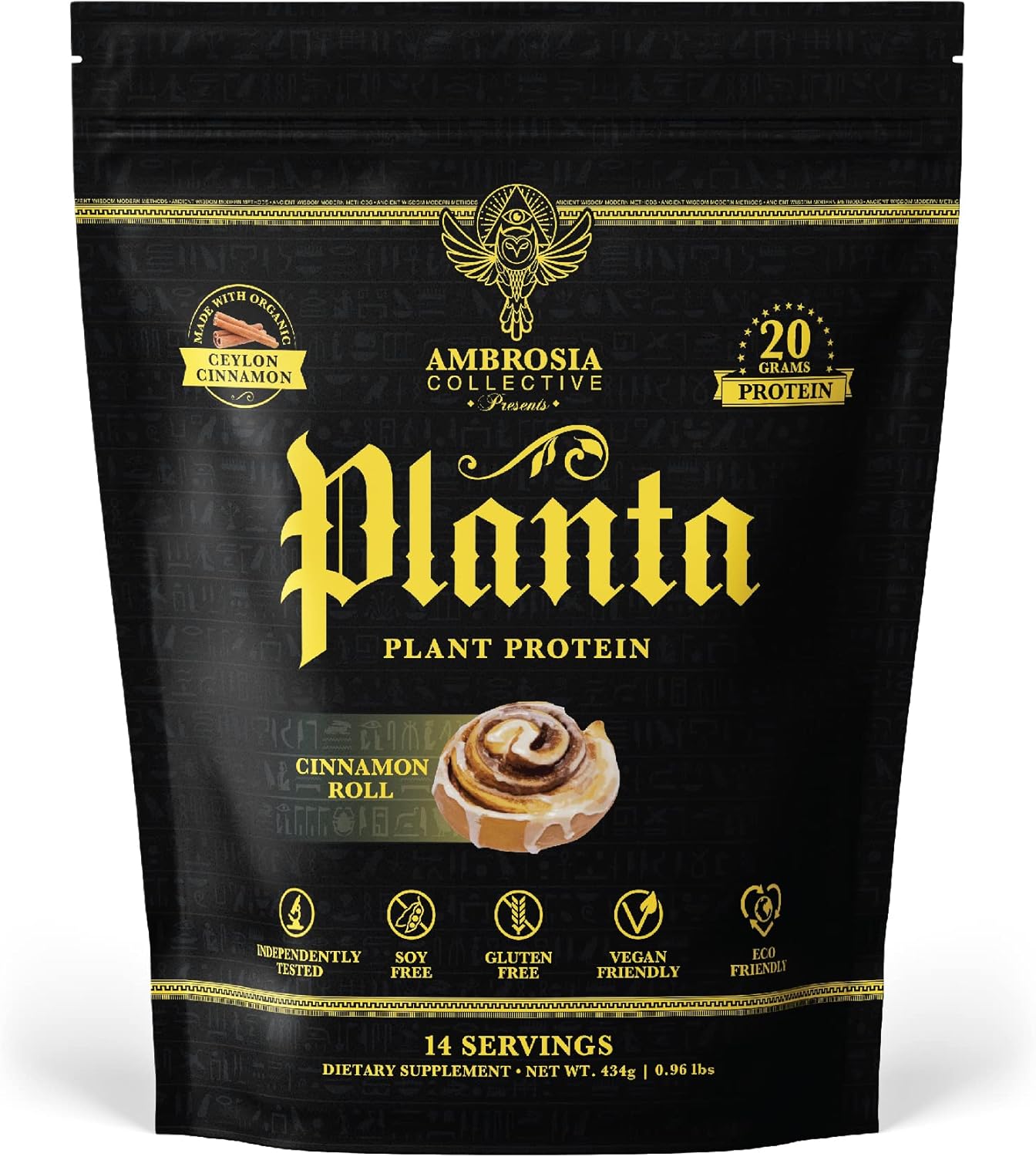 Ambrosia Planta Organic Plant-Based Protein Powder - Vegan & Keto Friendly, Gourmet Cinnamon Roll Flavor, No Bloating or Upset Stomach, Gluten & Soy Free, No Added Sugar, 14 Servings
