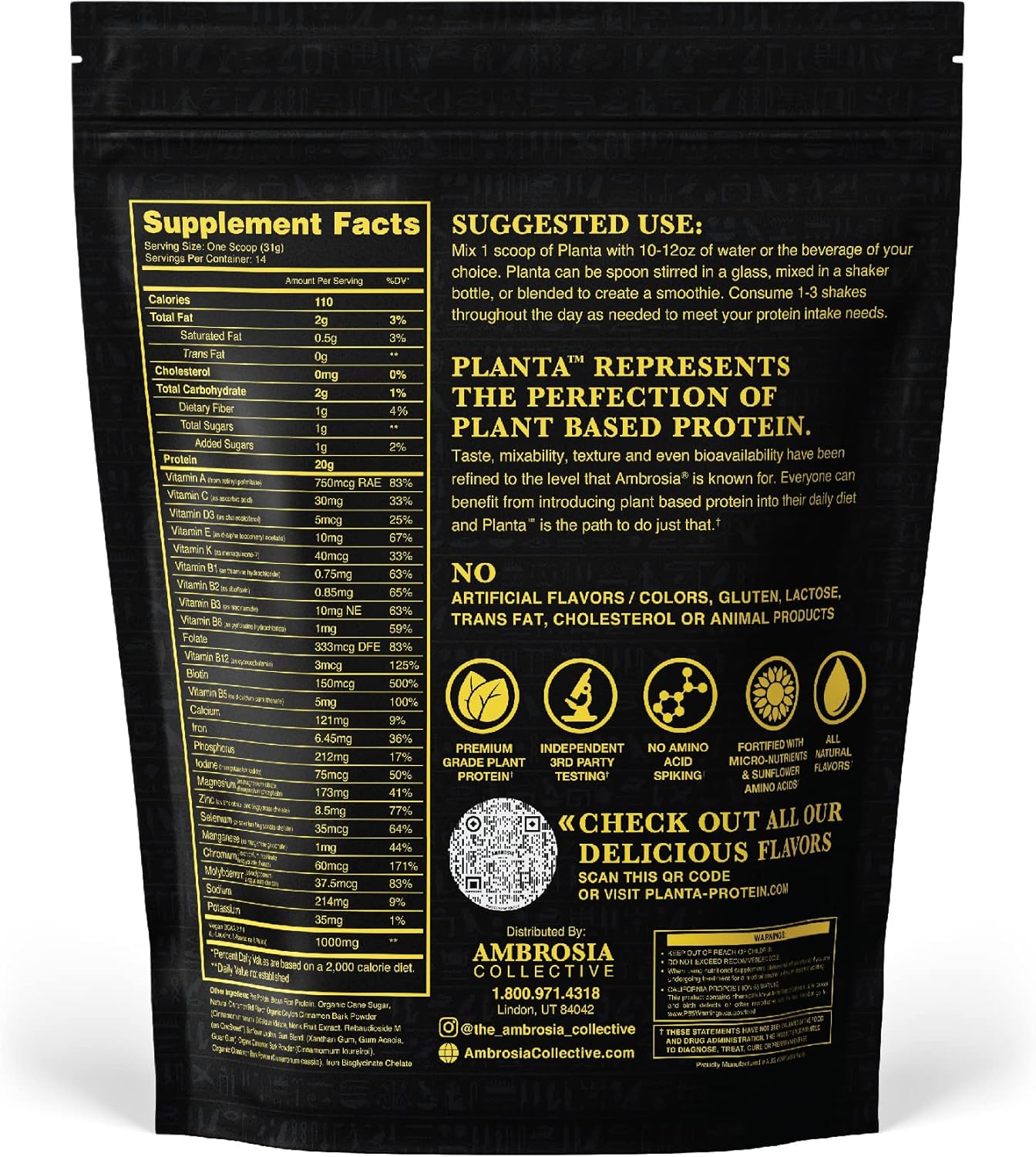 Ambrosia Planta Organic Plant-Based Protein Powder - Vegan & Keto Friendly, Gourmet Cinnamon Roll Flavor, No Bloating or Upset Stomach, Gluten & Soy Free, No Added Sugar, 14 Servings