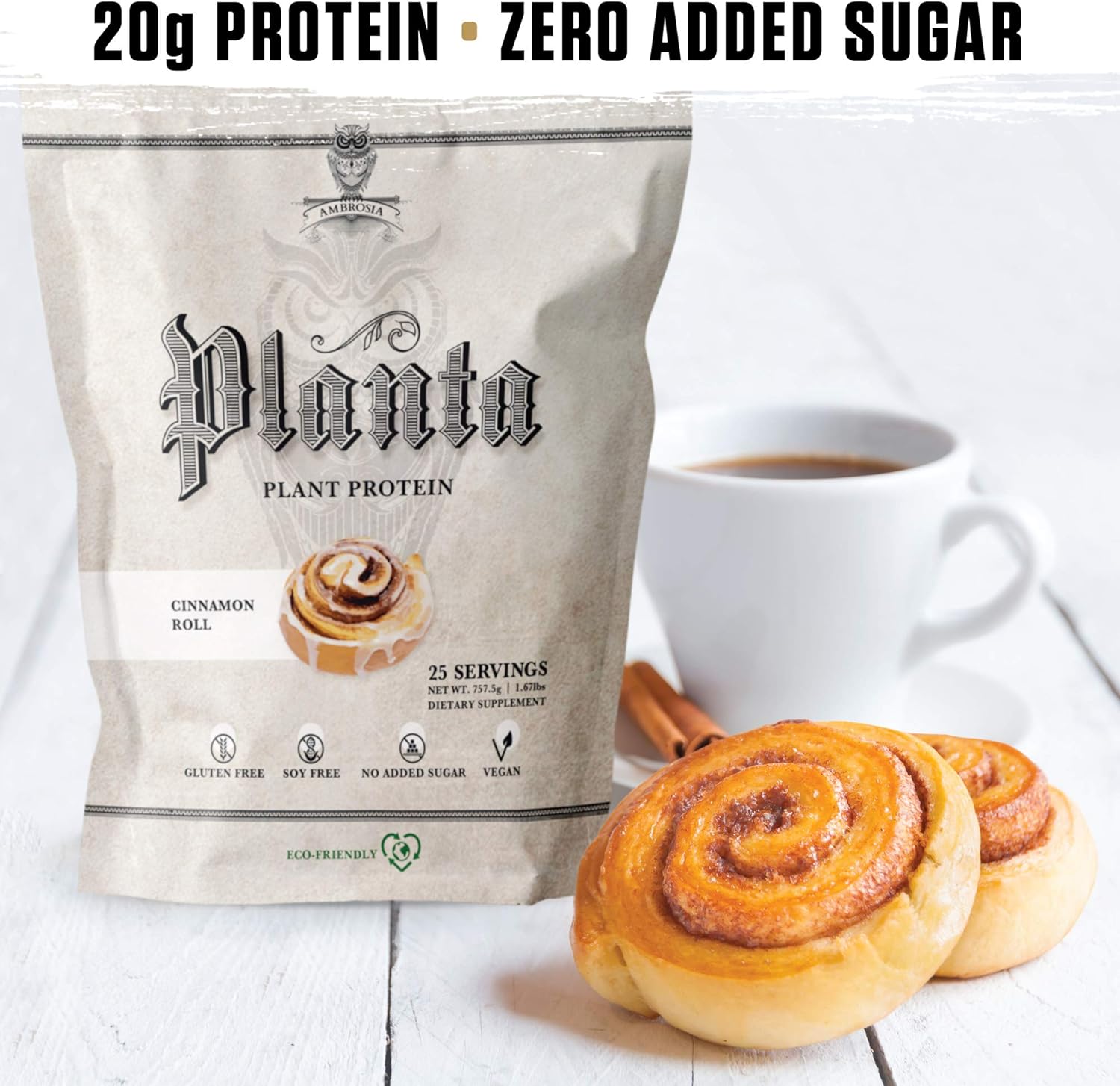 Ambrosia Planta Organic Plant-Based Protein Powder - Vegan & Keto Friendly, Gourmet Cinnamon Roll Flavor, No Bloating, Gluten/Soy/Sugar Free, 25 Servings