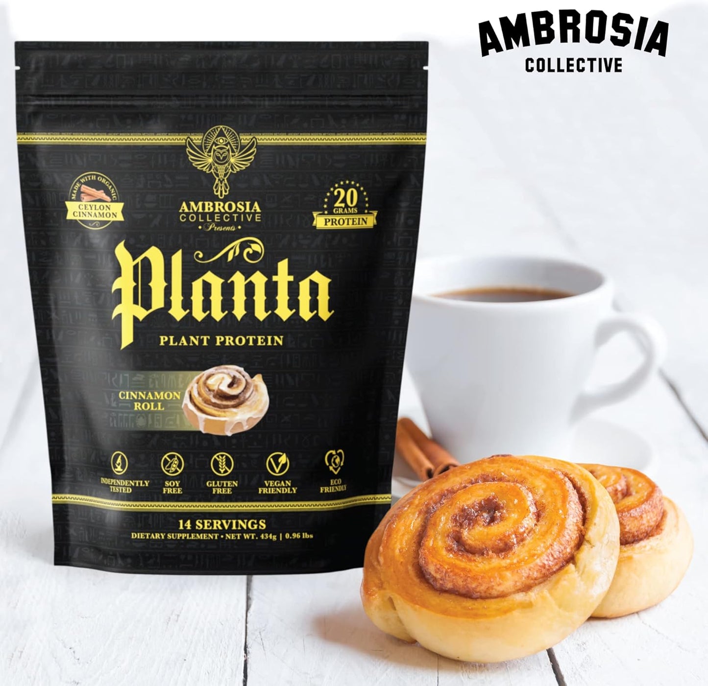 Ambrosia Planta Organic Plant-Based Protein Powder - Vegan & Keto Friendly, Gourmet Cinnamon Roll Flavor, No Bloating or Upset Stomach, Gluten & Soy Free, No Added Sugar, 14 Servings