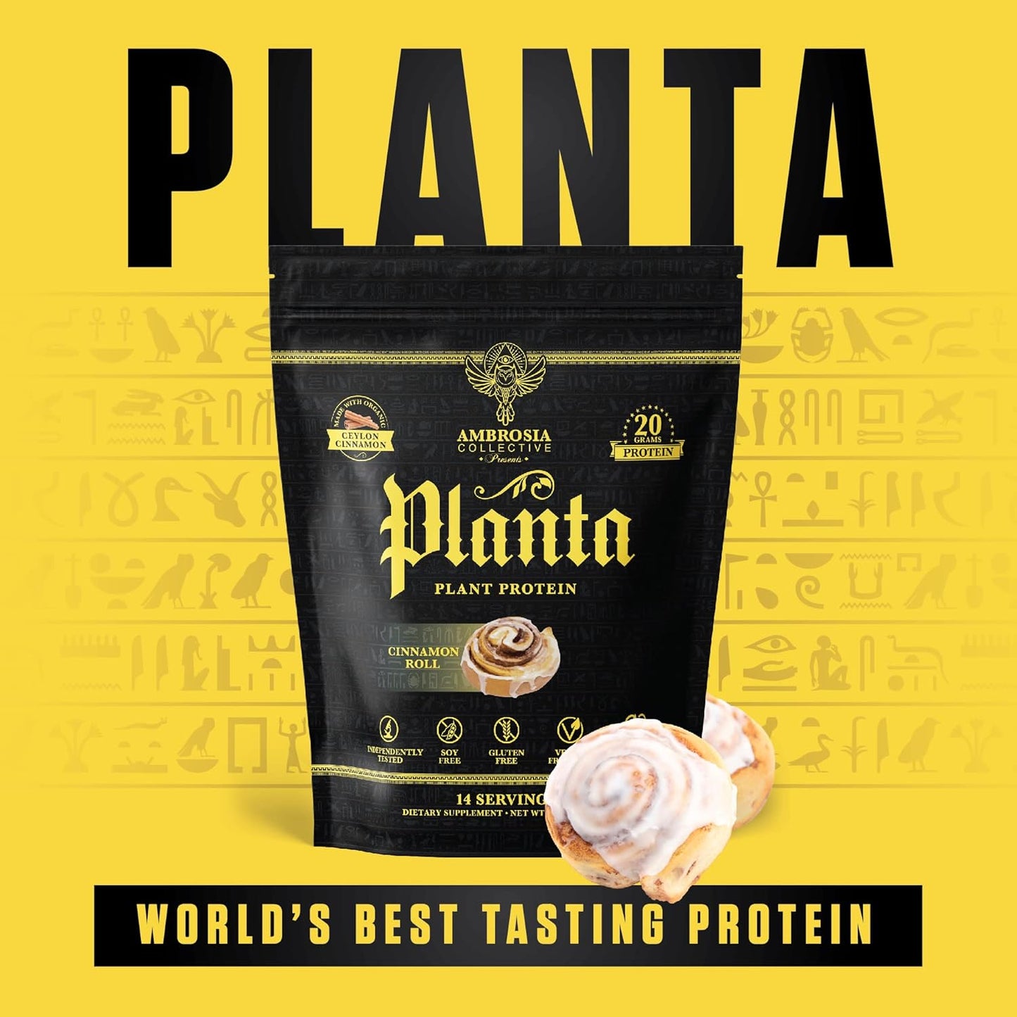 Ambrosia Planta Organic Plant-Based Protein Powder - Vegan & Keto Friendly, Gourmet Cinnamon Roll Flavor, No Bloating or Upset Stomach, Gluten & Soy Free, No Added Sugar, 14 Servings