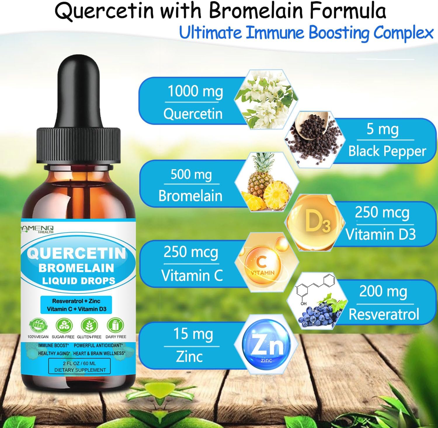 AMENQ hHEALTH Quercetin Liquid Drops with Vitamin C, Zinc, and Bromelain - Immune Support for Respiratory Health and Allergies