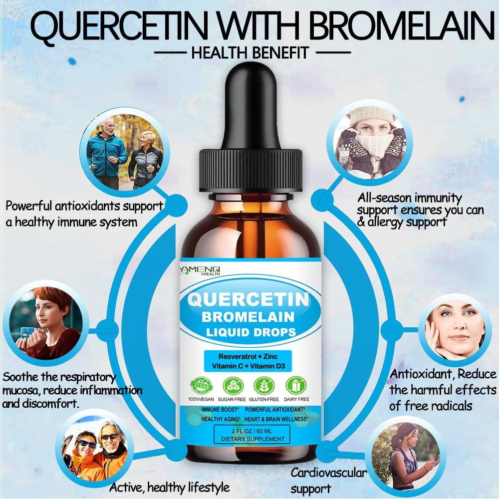 AMENQ hHEALTH Quercetin Liquid Drops with Vitamin C, Zinc, and Bromelain - Immune Support for Respiratory Health and Allergies