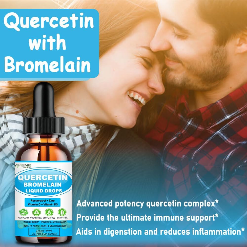 AMENQ hHEALTH Quercetin Liquid Drops with Vitamin C, Zinc, and Bromelain - Immune Support for Respiratory Health and Allergies