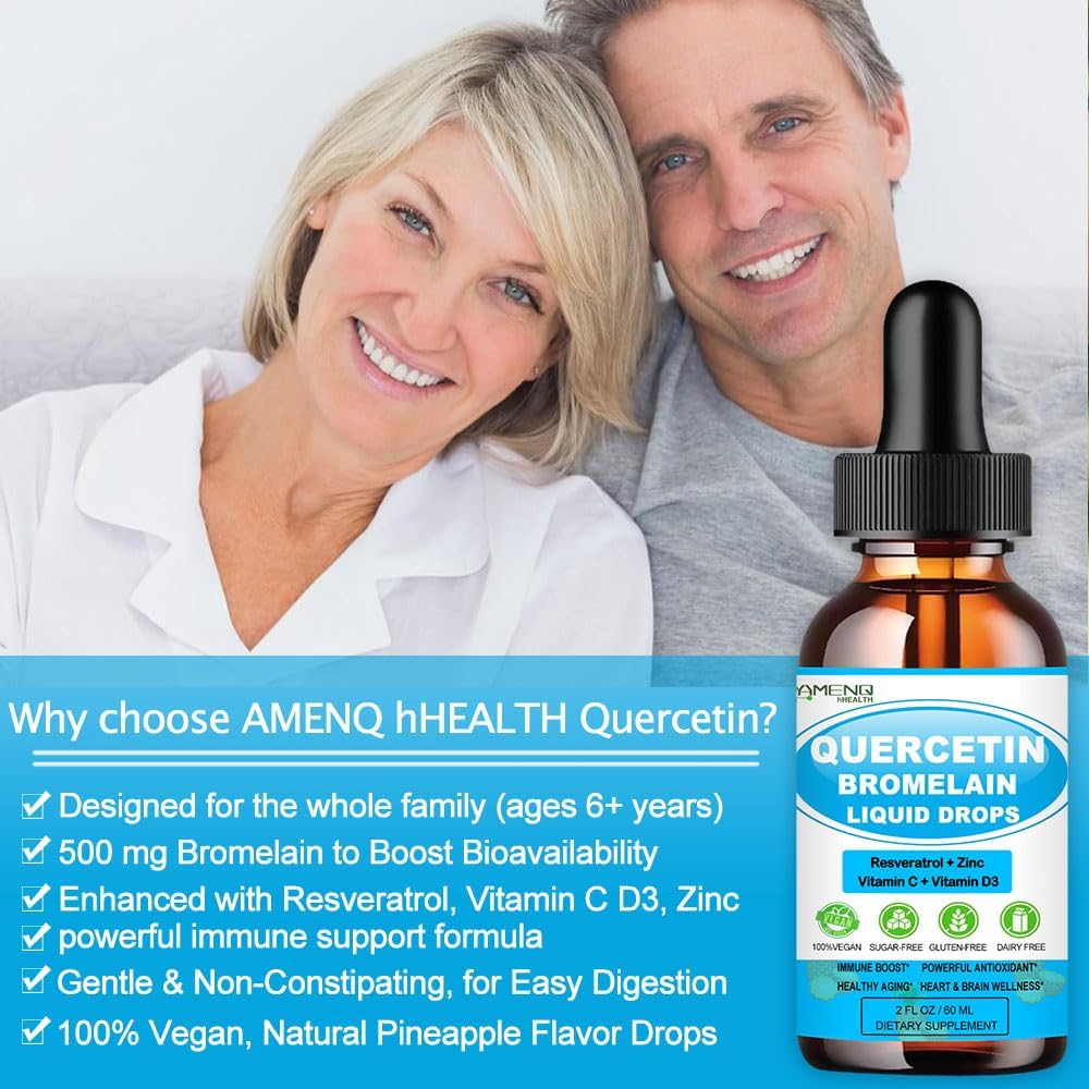AMENQ hHEALTH Quercetin Liquid Drops with Vitamin C, Zinc, and Bromelain - Immune Support for Respiratory Health and Allergies