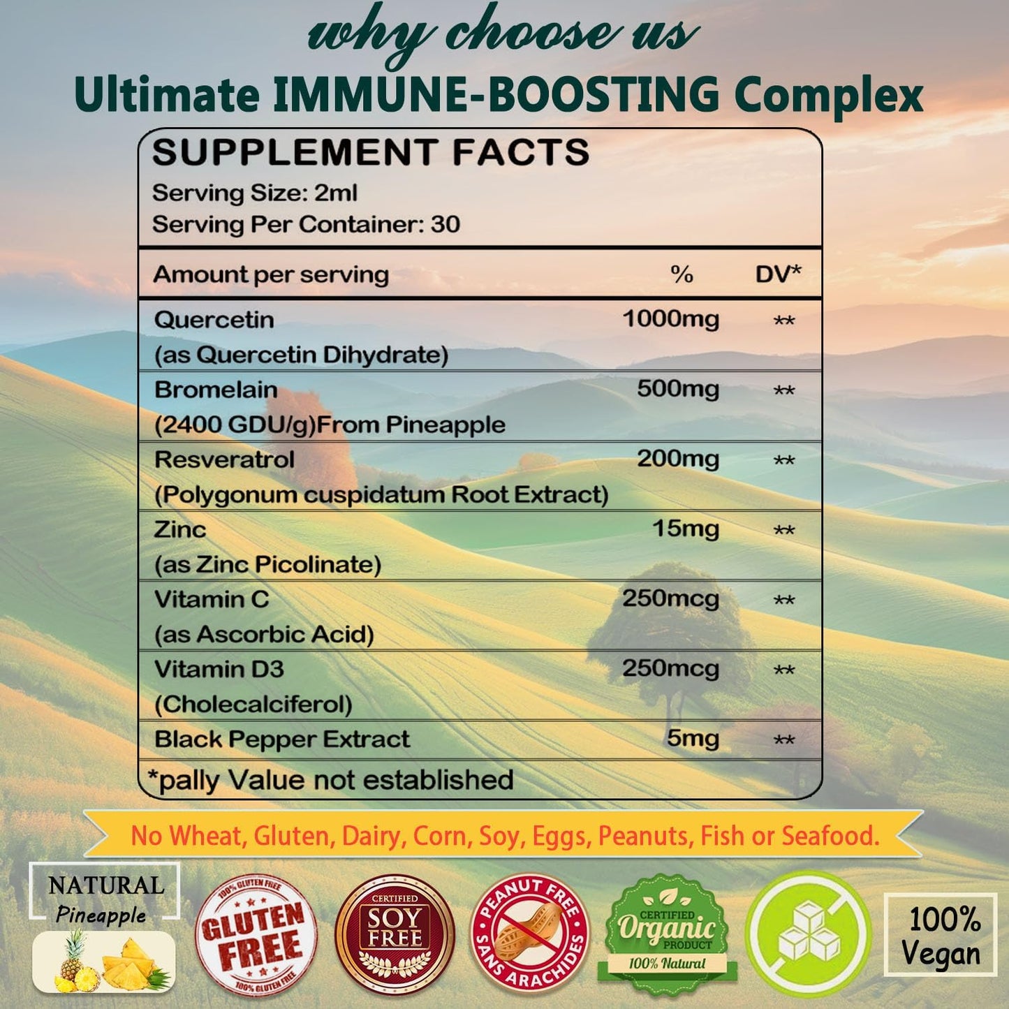 AMENQ hHEALTH Quercetin Liquid Drops with Vitamin C, Zinc, and Bromelain - Immune Support for Respiratory Health and Allergies