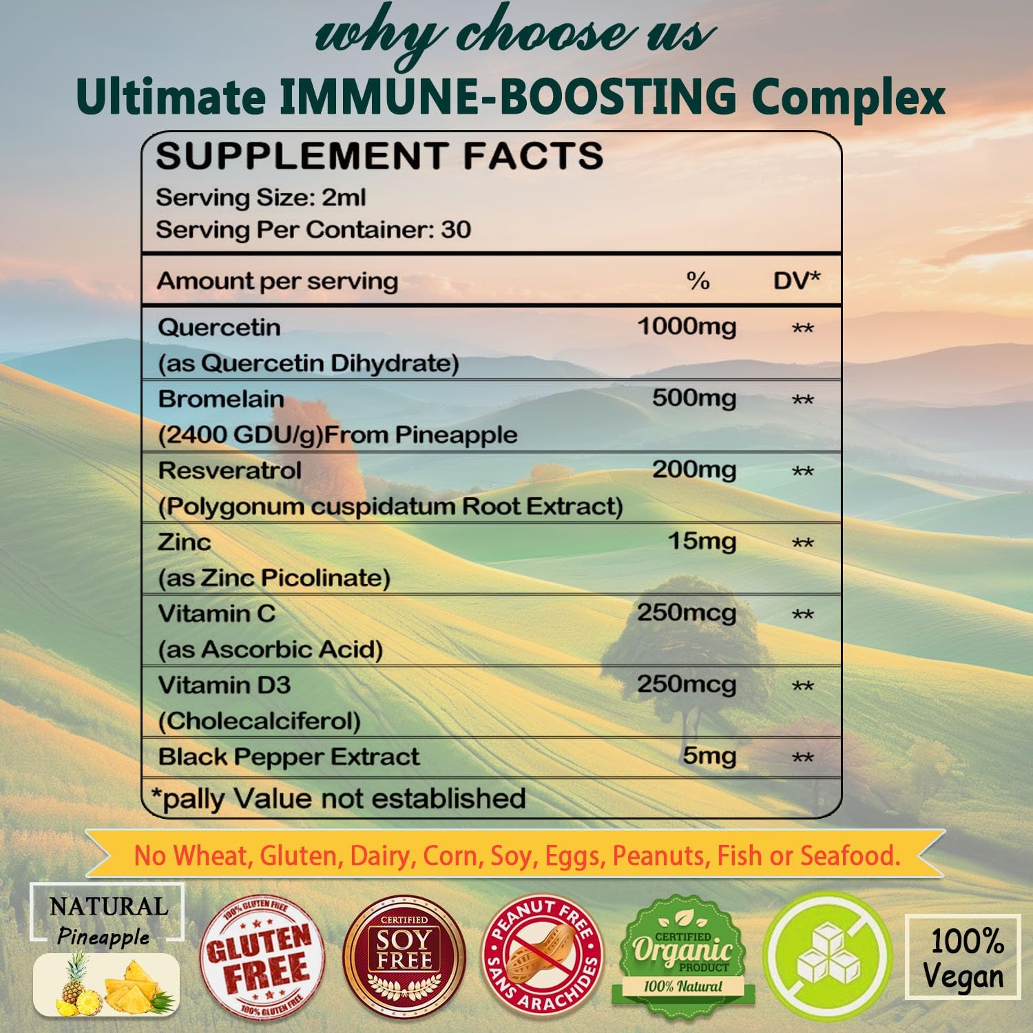 AMENQ hHEALTH Quercetin Liquid Drops with Vitamin C, Zinc, and Bromelain - Immune Support for Respiratory Health and Allergies