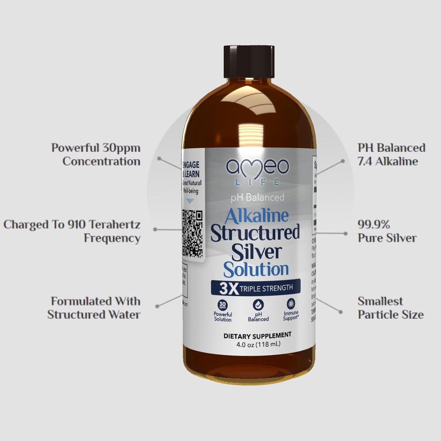 Ameo Life Structured Silver Water with 30ppm Colloidal Silver - pH Balanced Liquid for Daily Immune and Gut Support (4 oz)