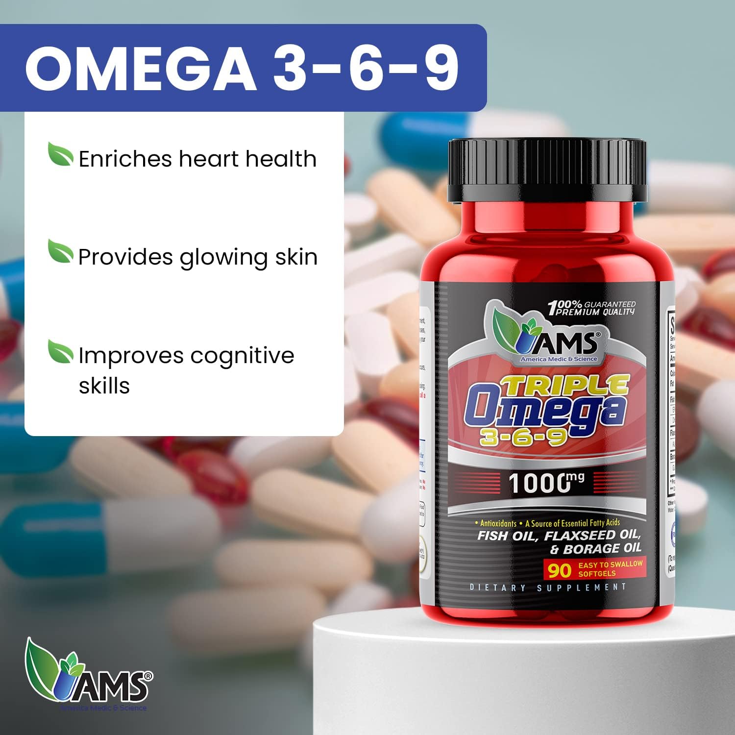 America Medic & Science Omega 3-6-9 Softgels - Dietary Supplement for Heart Health - Fish Oil, EPA, DHA, Flaxseed, Evening Primrose - Men & Women - 90ct