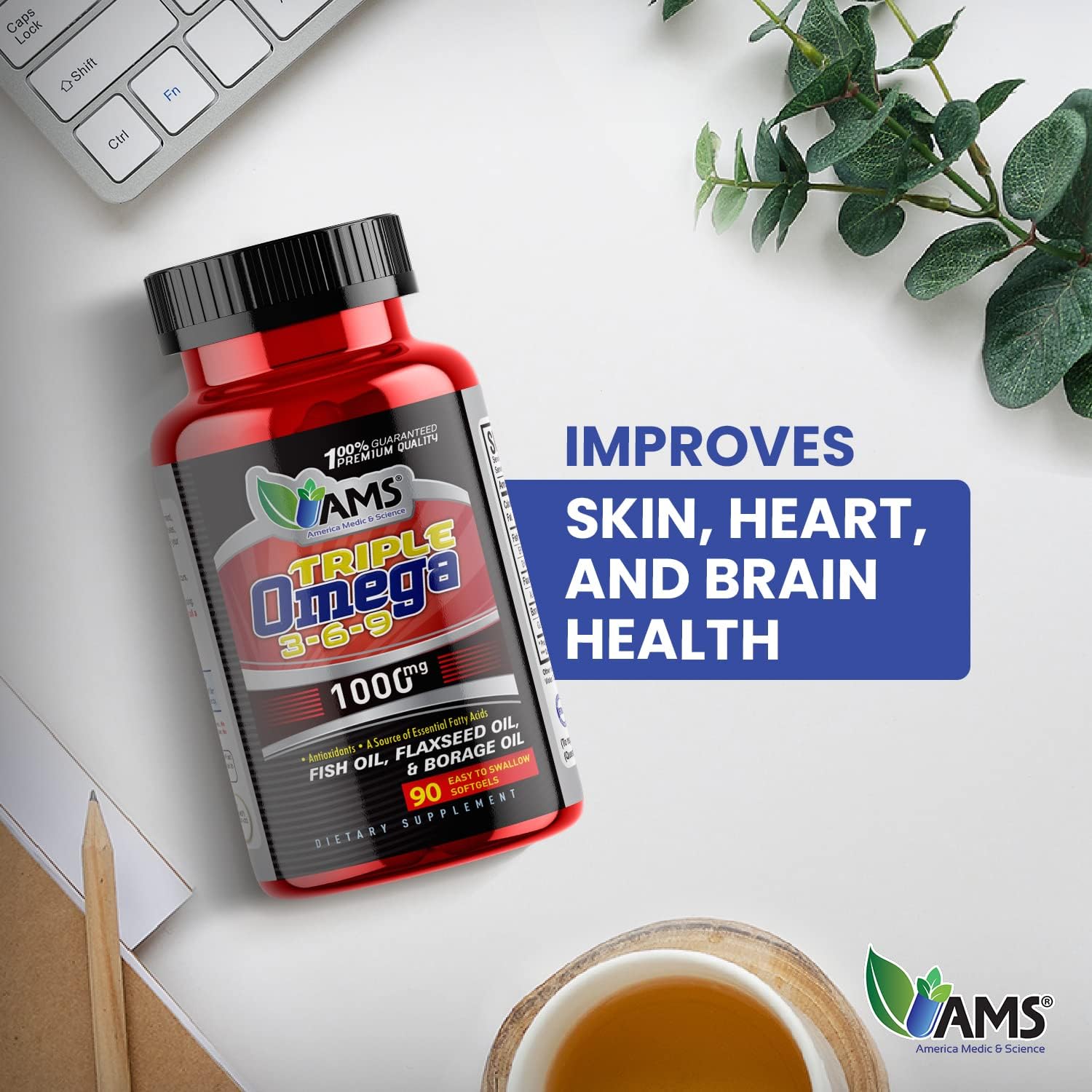 America Medic & Science Omega 3-6-9 Softgels - Dietary Supplement for Heart Health - Fish Oil, EPA, DHA, Flaxseed, Evening Primrose - Men & Women - 90ct