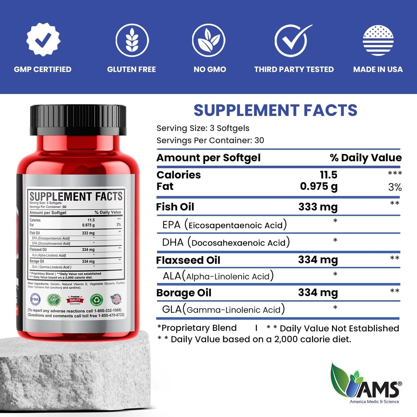 America Medic & Science Omega 3-6-9 Softgels - Dietary Supplement for Heart Health - Fish Oil, EPA, DHA, Flaxseed, Evening Primrose - Men & Women - 90ct