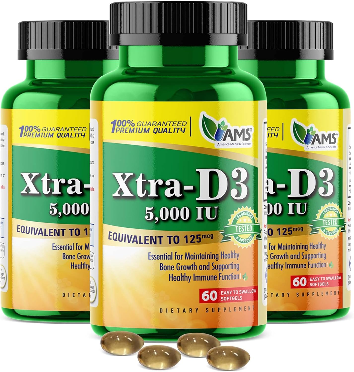 America Medic & Science Xtra D3 Vitamin D 5,000 IU Cholecalciferol Supplement 180 Softgels - Bone, Heart, Immune & Lung Support (3 Pack)