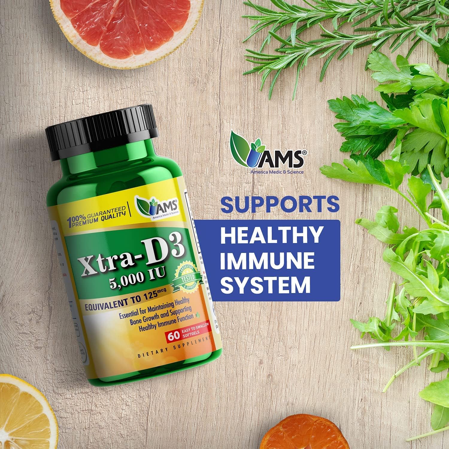America Medic & Science Xtra D3 Vitamin D 5,000 IU Cholecalciferol Supplement 180 Softgels - Bone, Heart, Immune & Lung Support (3 Pack)