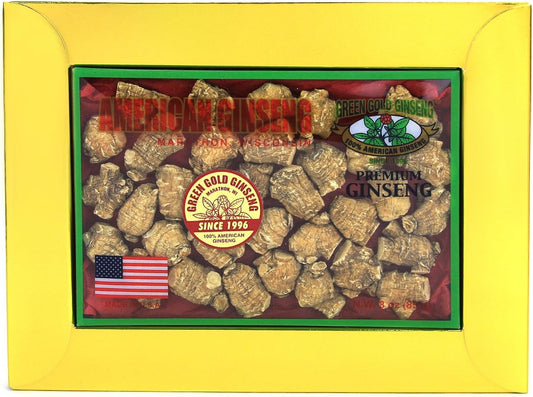 American Ginseng Roots from Marathon County, WI - Green Gold Ginseng Medium-Small Bullet 3oz Box