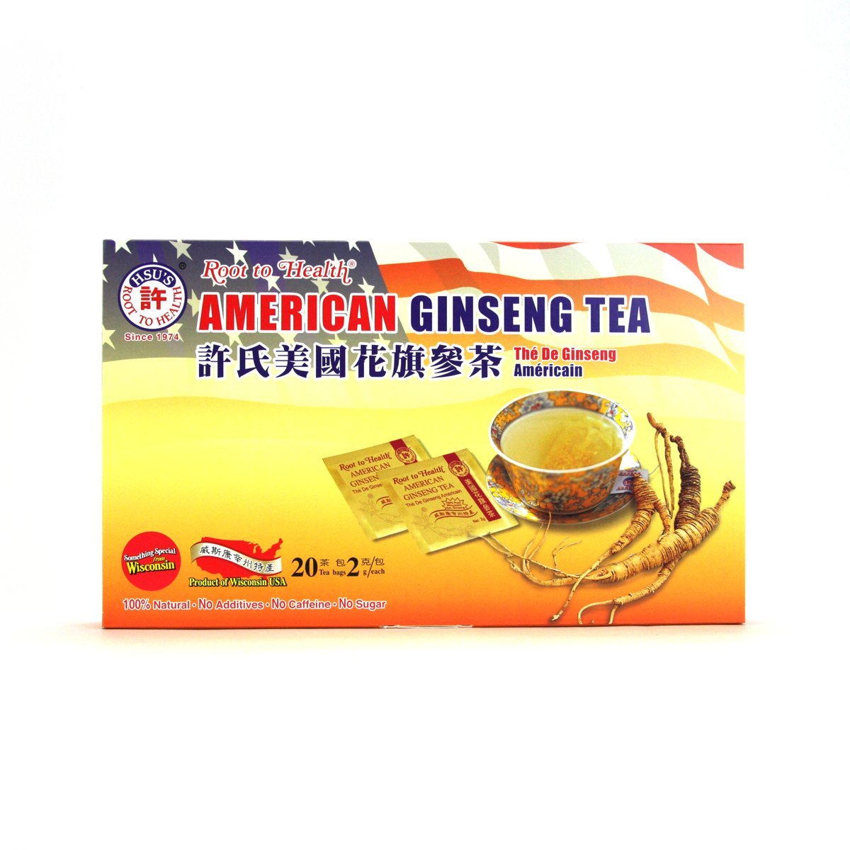 American Ginseng Tea 20ct Box - Cultivated in Marathon County, Wisconsin - Hsu's Ginseng SKU 1034