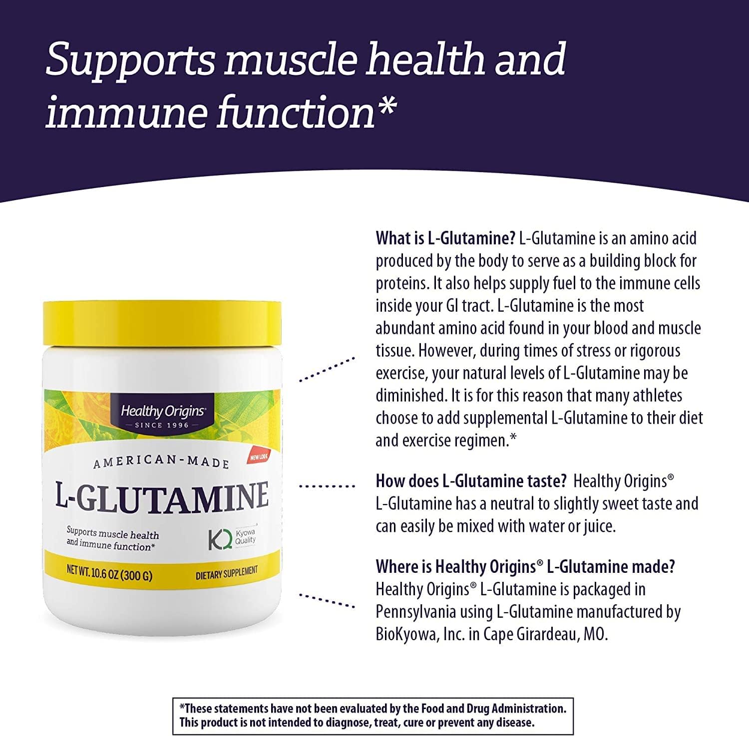 American-Made L-Glutamine Powder for Immune Support & Muscle Strength - Vegan, Non-GMO, Gluten-Free - 300g Powder