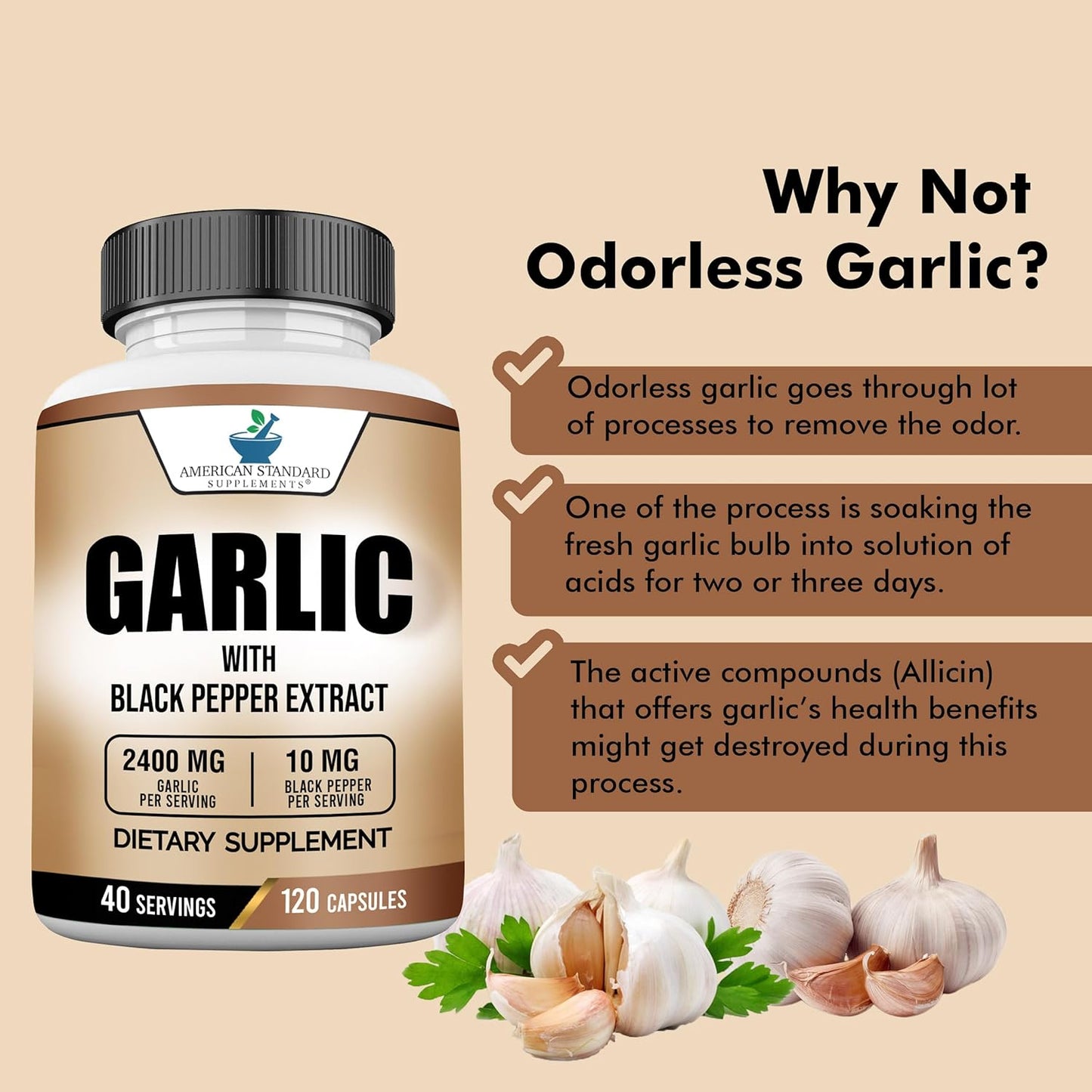 American Standard Garlic Supplement 2400mg with Black Pepper Fruit Extract - Vegan, Gluten-Free, Non-GMO - 120 Capsules