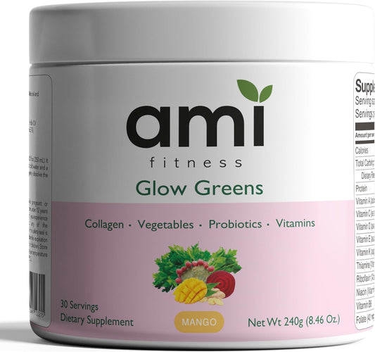 Ami Fitness Glow Greens Powder with Collagen, Probiotics, Digestive Enzymes, and Superfoods for Gut Health and Radiant Skin - Mango Juice Mix (30 Servings)
