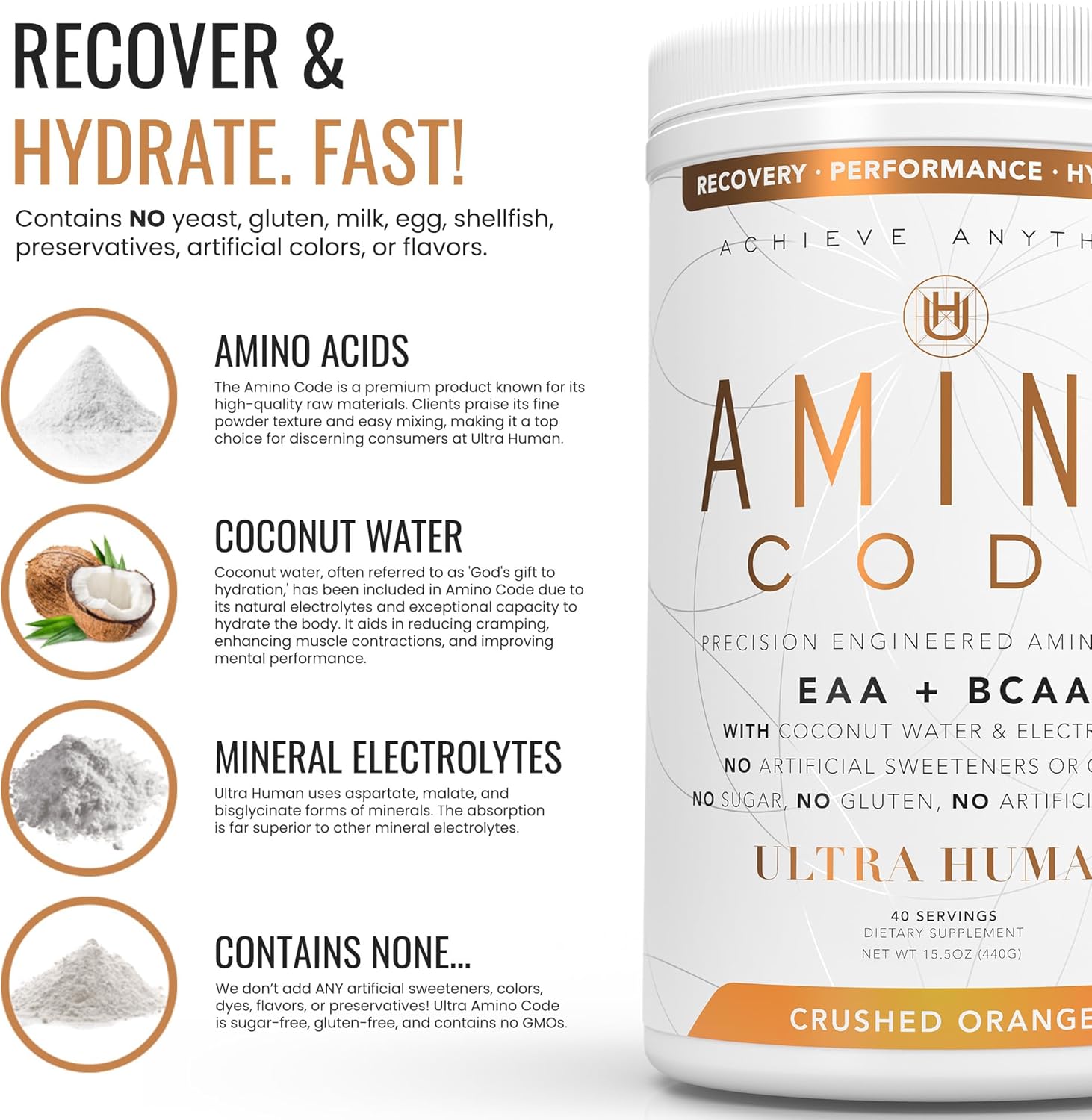 Amino Code Crushed Orange: Hydration Workout Recovery Powder with BCAAs + Electrolytes - 40 Servings