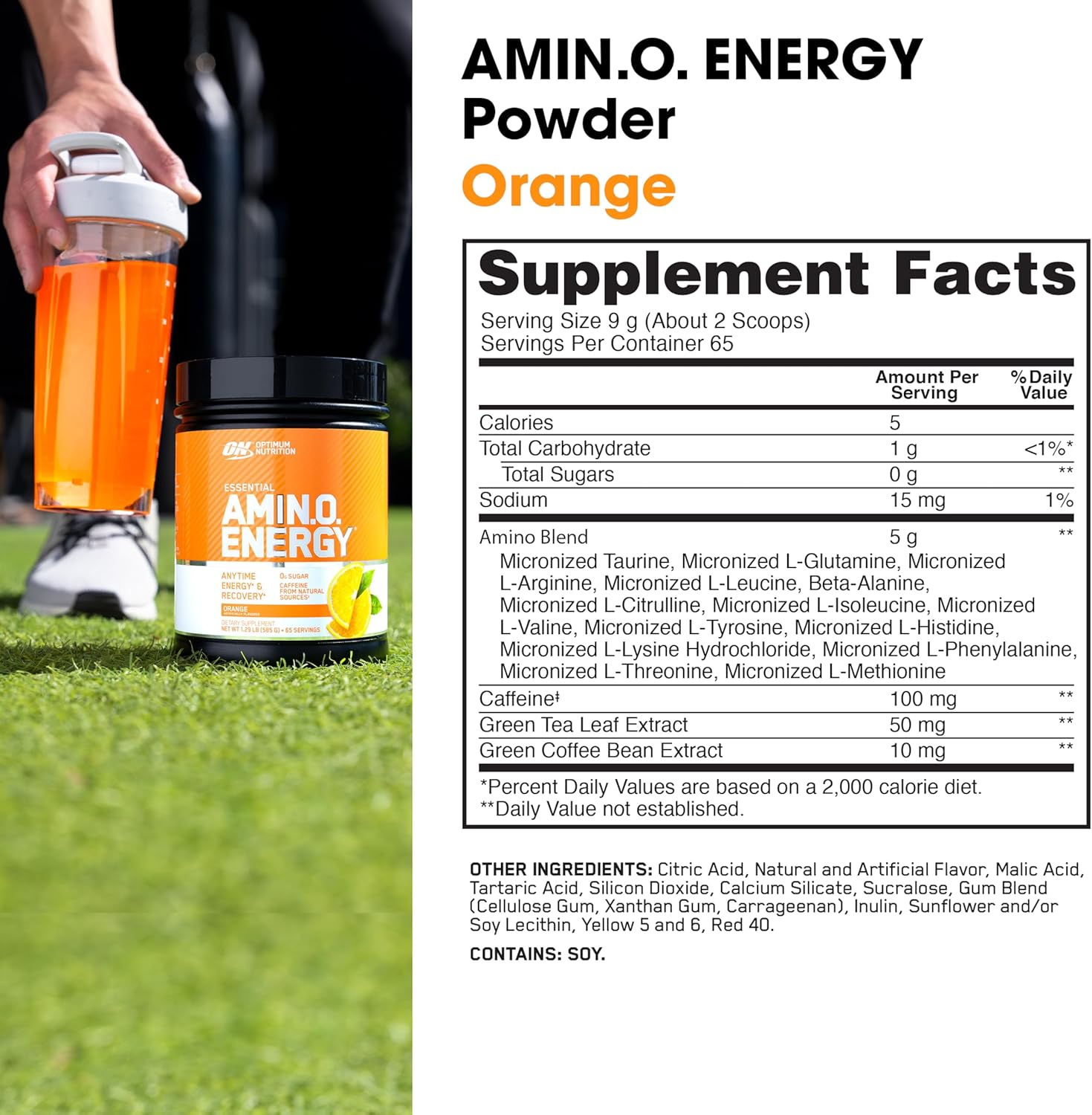 Amino Energy Orange Cooler Pre Workout Powder - BCAA, Amino Acids, Green Tea, Green Coffee Extract - Keto Friendly, 65 Servings