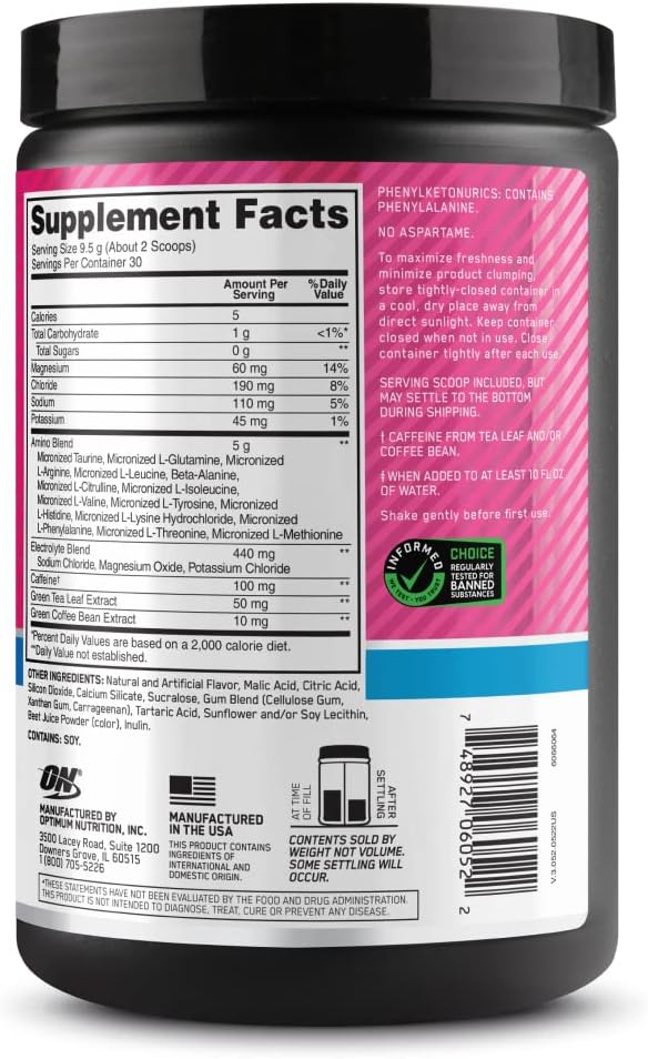 Amino Energy Powder with BCAA, Electrolytes, and Caffeine for Hydration - Watermelon Splash Flavor - 30 Servings