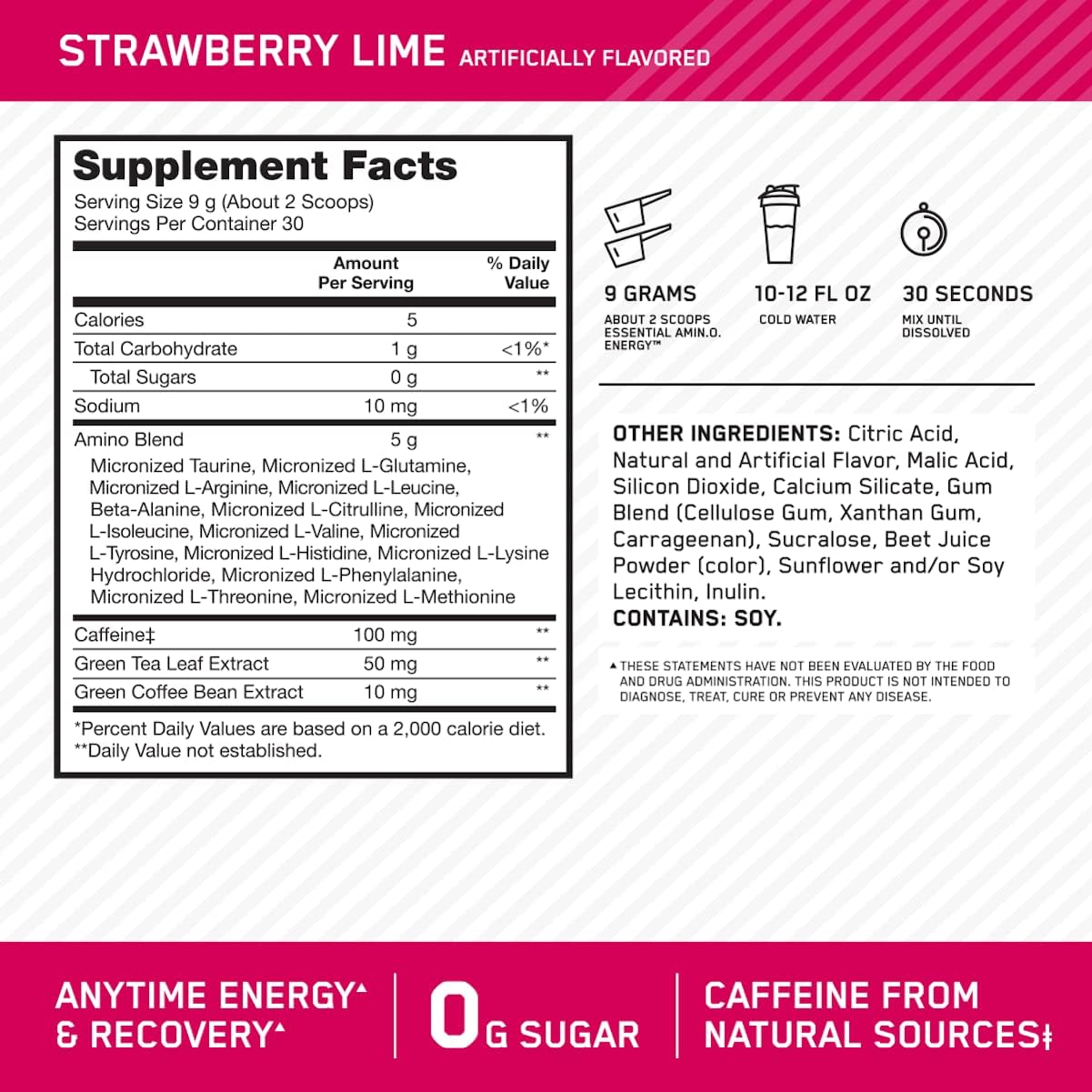 Amino Energy Pre Workout Powder with Green Tea, BCAA, Amino Acids, Green Coffee Extract - Strawberry Lime, 30 Servings