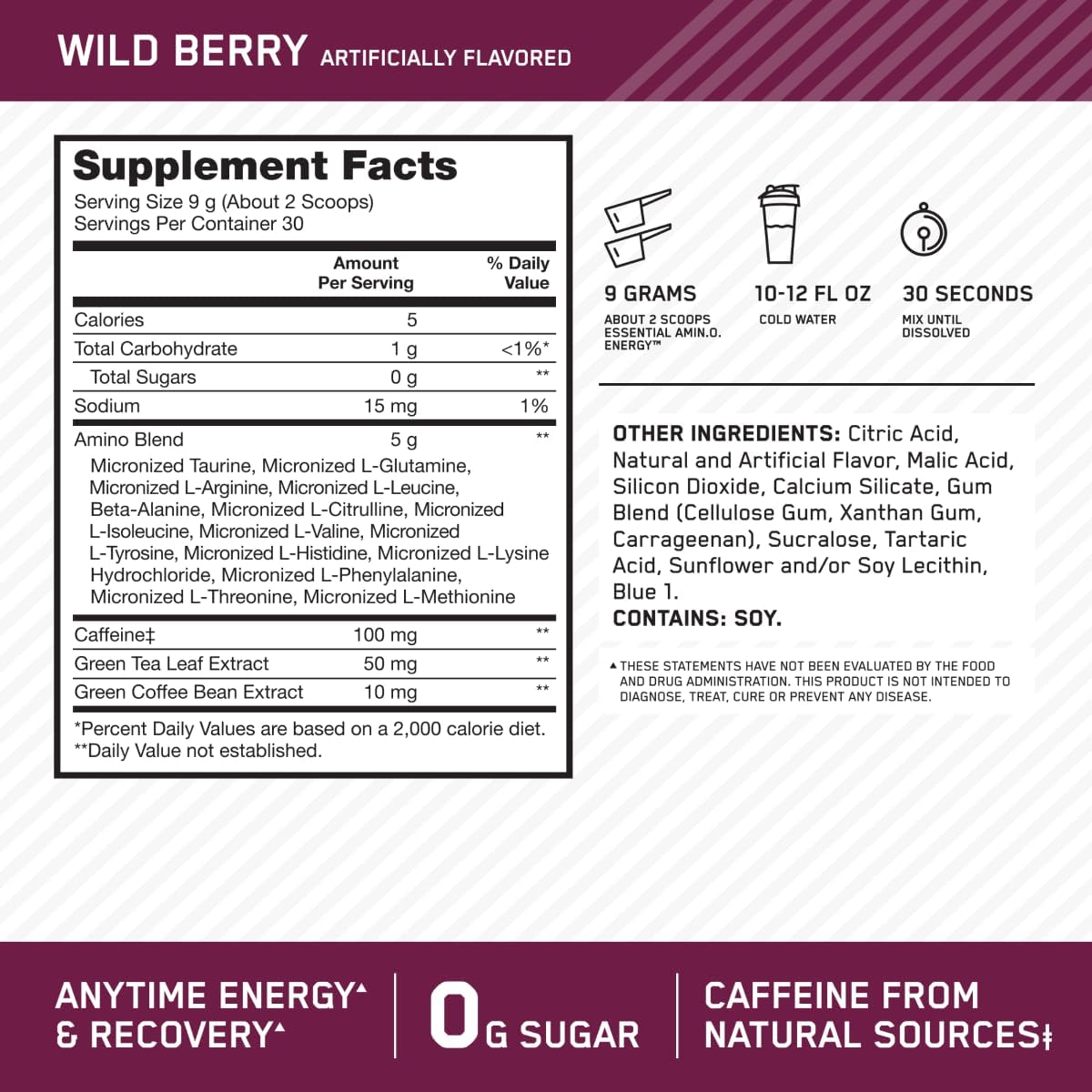 Amino Energy Pre Workout Powder with Green Tea, BCAA, Amino Acids, Keto Friendly - Wild Berry, 30 Servings