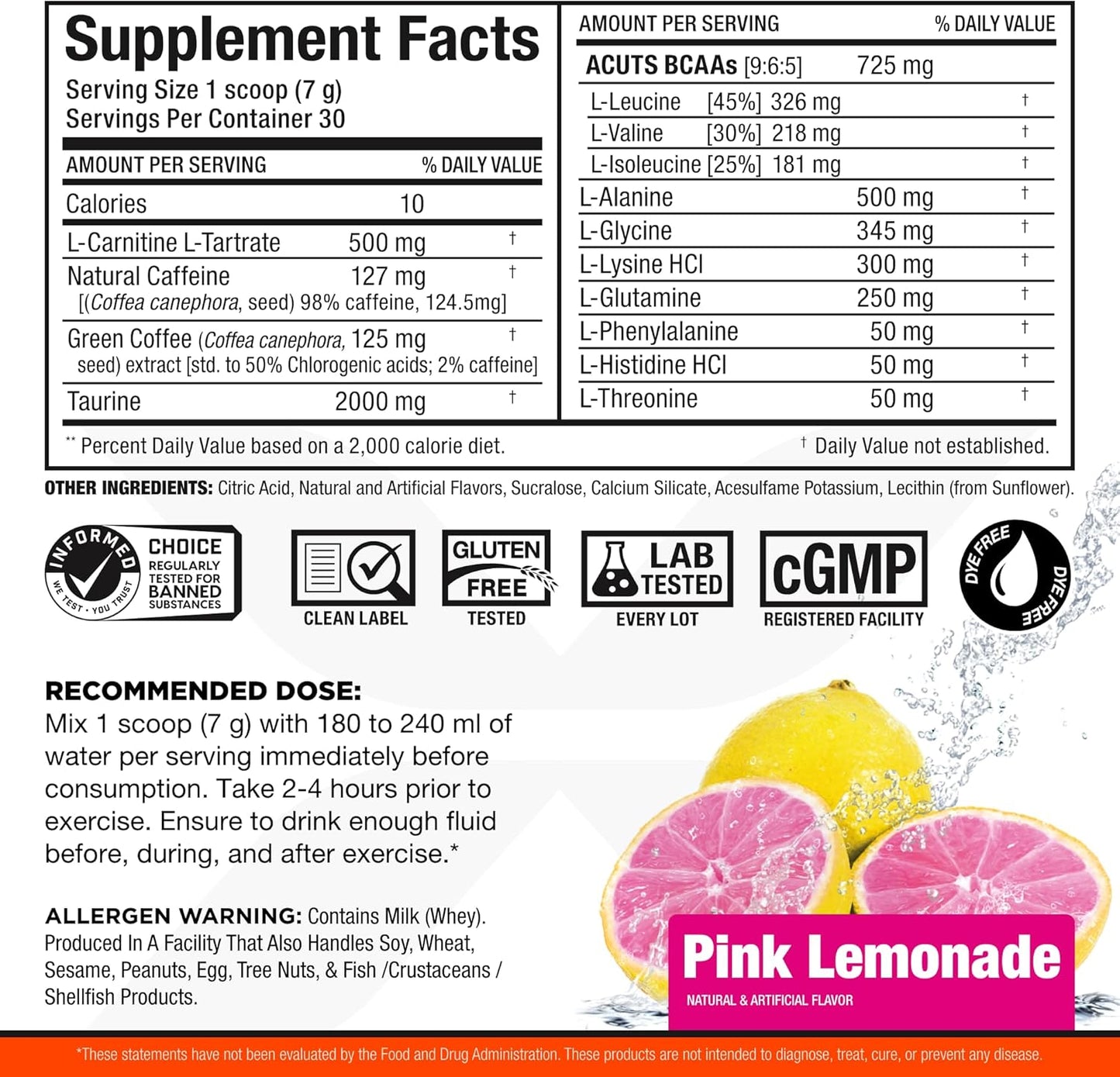 AMINOCUTS Energy Drink with Taurine, L-Carnitine, Green Coffee Bean Extract - Pink Lemonade, 30 Servings