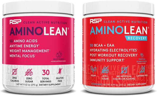 AminoLean Pre and Post Workout Bundle - Energy & Recovery - Fruit Punch & Tropical Island Punch - 30 Servings each