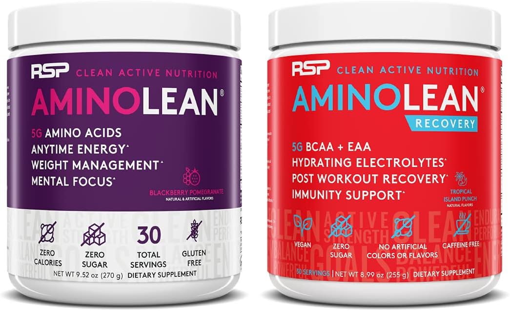 AminoLean Pre-Workout Energy & Post-Workout Recovery Bundle - BlackBerry Pomegranate & Tropical Island Punch Flavors