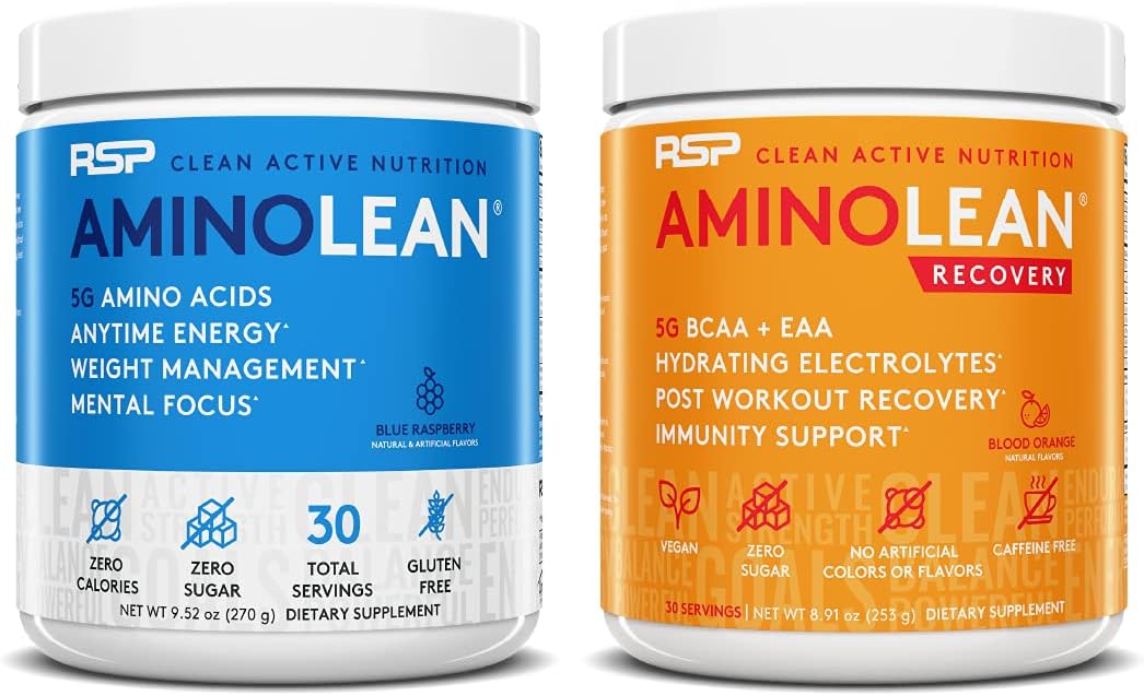 AminoLean Pre Workout Energy & Recovery Boost Bundle (Blue Raspberry & Blood Orange, 30 Servings Each) by RSP Nutrition