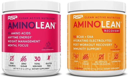 AminoLean Pre Workout Energy & Recovery Boost Bundle - Fruit Punch & Blood Orange (30 Servings)